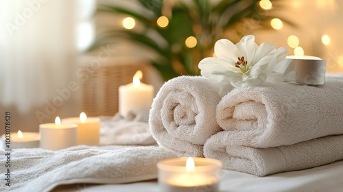 A serene spa setting with towels, candles, and a flower for relaxation and wellness.