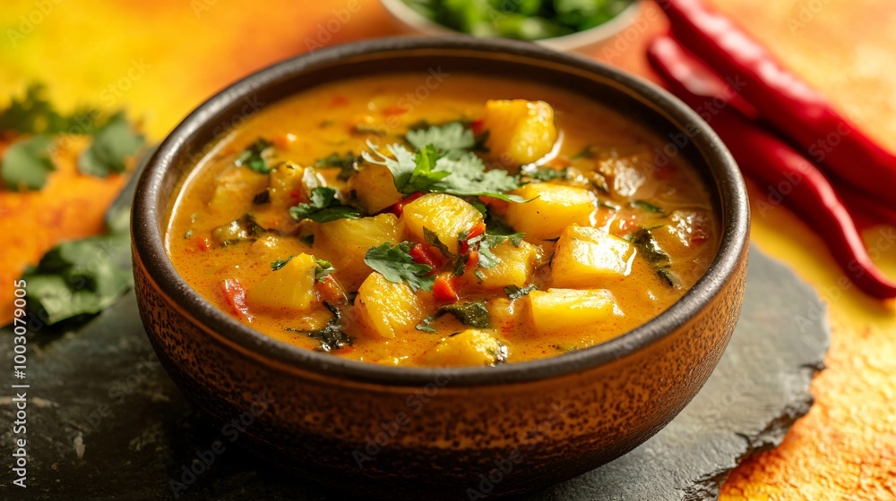 Pineapple curry served in a bowl, placed on a stone surface with a bright orange and yellow background Pineapple curry served in a bowl, placed on a stone surface with a bright orange and yellow background