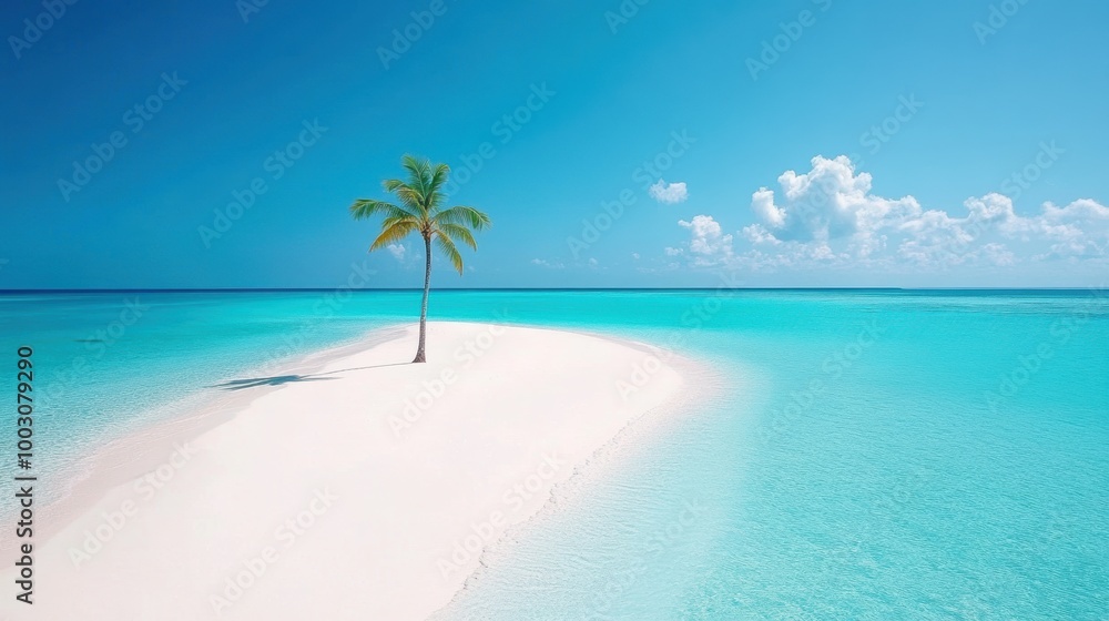 Fototapeta premium A pristine tropical beach with white sand, crystal clear turquoise water, and swaying palm trees.