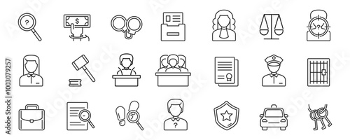 Law icon set. Justice and legal line icons. Vector stock