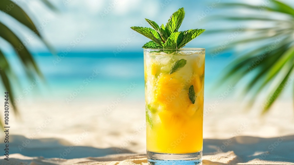 Pineapple mojito in a tall glass with mint garnish, set against a warm sandy beach backdrop with turquoise water Pineapple mojito in a tall glass with mint garnish, set against a warm sandy beach backdrop with turquoise water