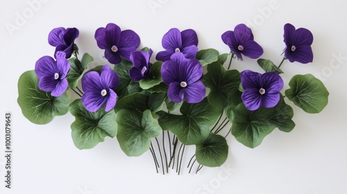 A vibrant arrangement of purple flowers with green leaves, suitable for decoration.