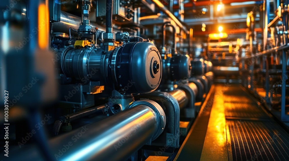 Industrial machinery with pipes and valves illuminated in a factory setting. Industrial machinery with pipes and valves illuminated in a factory setting.