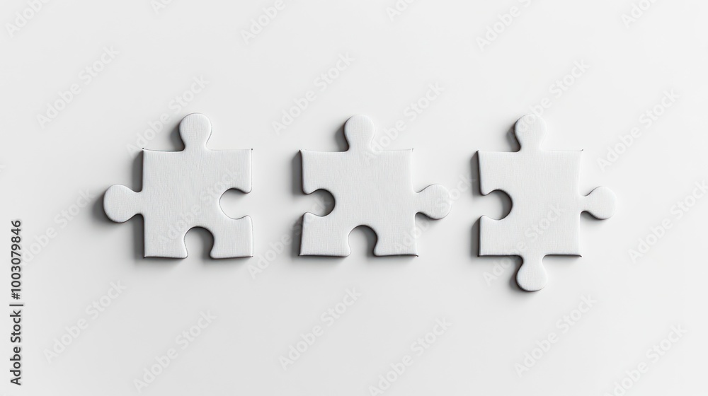Obraz premium Three white puzzle pieces on a clean surface, symbolizing connection and problem-solving.