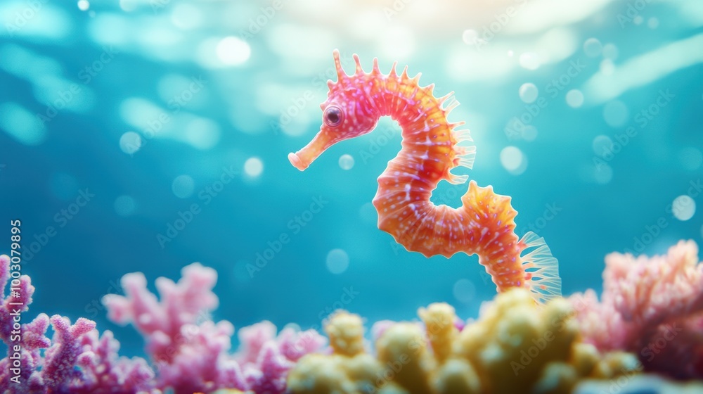A close up of a seahorse clinging to a coral reef, with the ocean current swirling around it in an underwater scene. A close up of a seahorse clinging to a coral reef, with the ocean current swirling around it in an underwater scene.