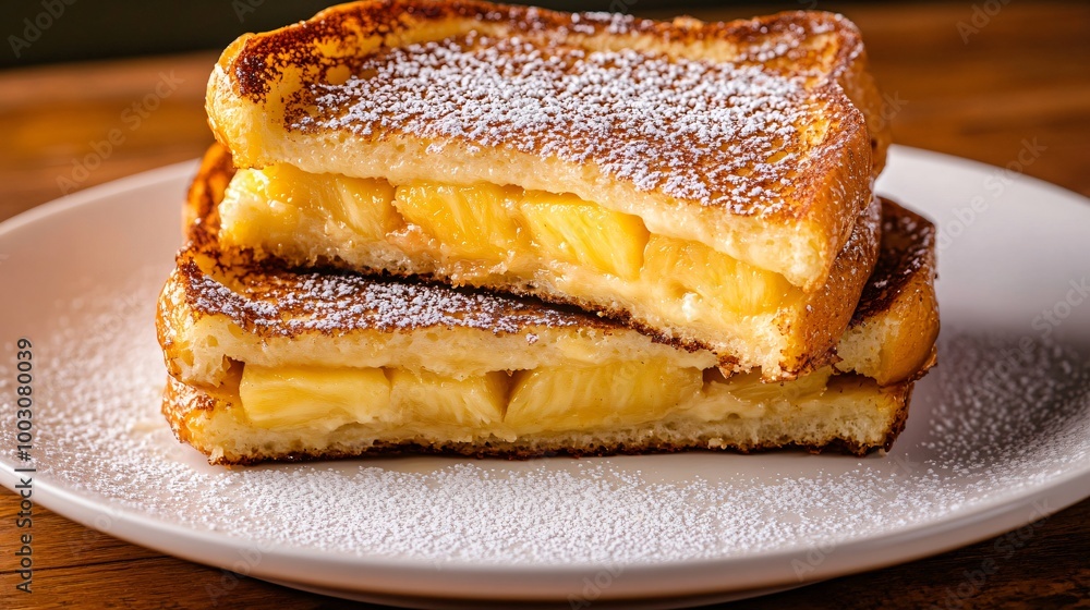 Pineapple-stuffed French toast with powdered sugar, served on a modern white plate with a contrasting dark wood background Pineapple-stuffed French toast with powdered sugar, served on a modern white plate with a contrasting dark wood background