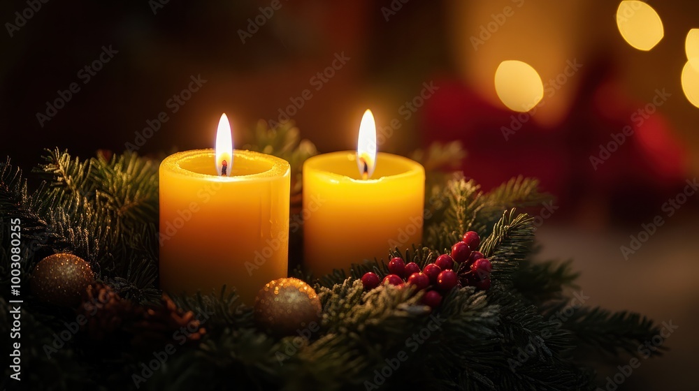 Close-up of advent wreath with two burning candles for second advent in preperation for christmas Close-up of advent wreath with two burning candles for second advent in preperation for christmas