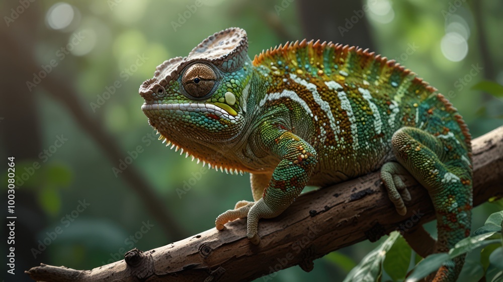realistic illustration of a green chameleon on the branch of tree realistic illustration of a green chameleon on the branch of tree