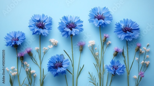 Beautiful arrangement of blue flowers on a soft blue background, perfect for nature lovers and floral enthusiasts.