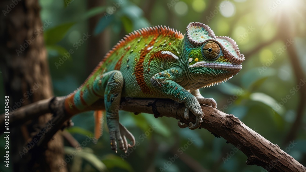 Fototapeta premium realistic illustration of a green chameleon on the branch of tree