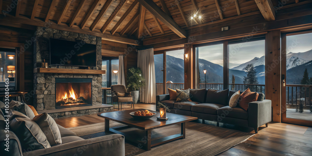 A warm living room features big windows that reveal a stunning mountain view. The space is filled with cozy colors and wooden furniture, giving it a comfortable and luxurious feel. A roaring fireplace A warm living room features big windows that reveal a stunning mountain view. The space is filled with cozy colors and wooden furniture, giving it a comfortable and luxurious feel. A roaring fireplace