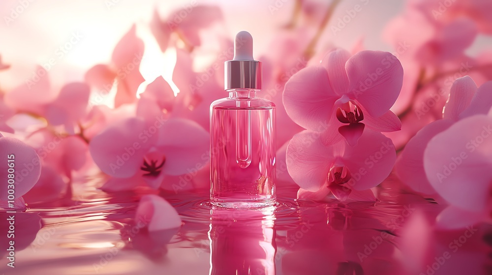 A serene beauty scene featuring a pink serum bottle surrounded by delicate pink orchids, perfect for wellness and skincare themes. A serene beauty scene featuring a pink serum bottle surrounded by delicate pink orchids, perfect for wellness and skincare themes.