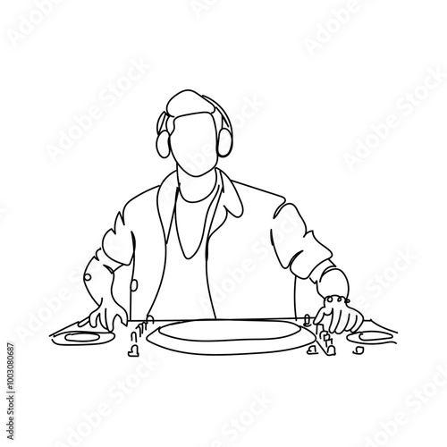 dessin en ligne continue d'un DJ jouant en club, vecteur, line art