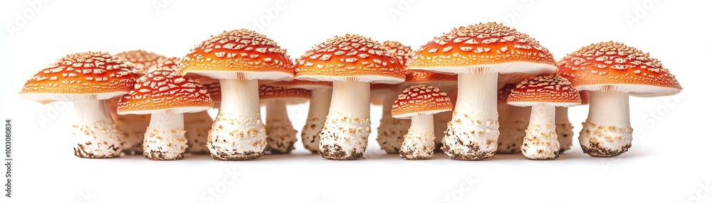 Cluster of red and white mushrooms with smooth stems, isolated on white, vibrant contrast Cluster of red and white mushrooms with smooth stems, isolated on white, vibrant contrast