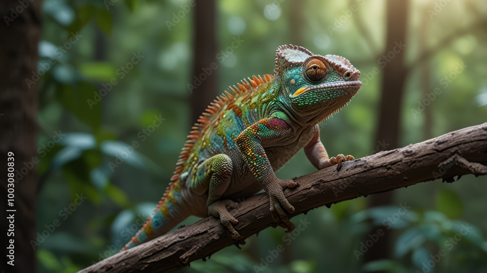 Fototapeta premium realistic illustration of a green chameleon on the branch of tree