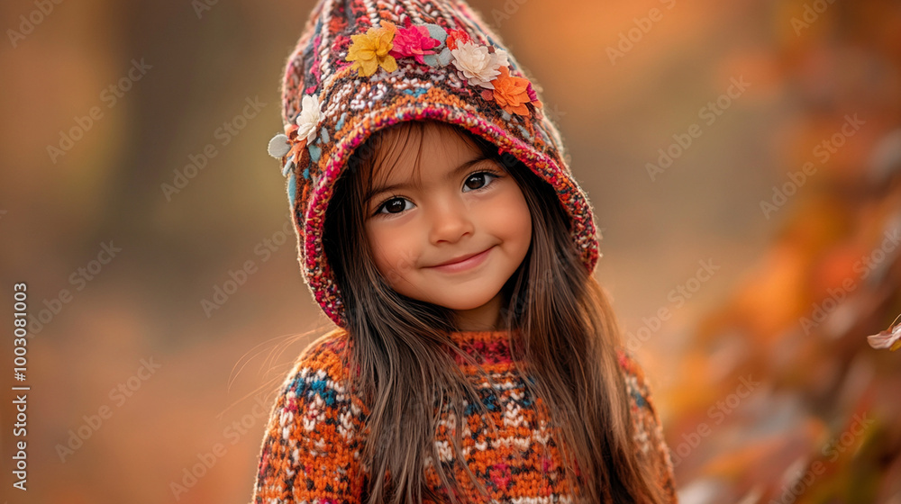 Autumn vives cute little girl wearing comfy sweater and knitted cap, smiling at the camera Autumn vives cute little girl wearing comfy sweater and knitted cap, smiling at the camera
