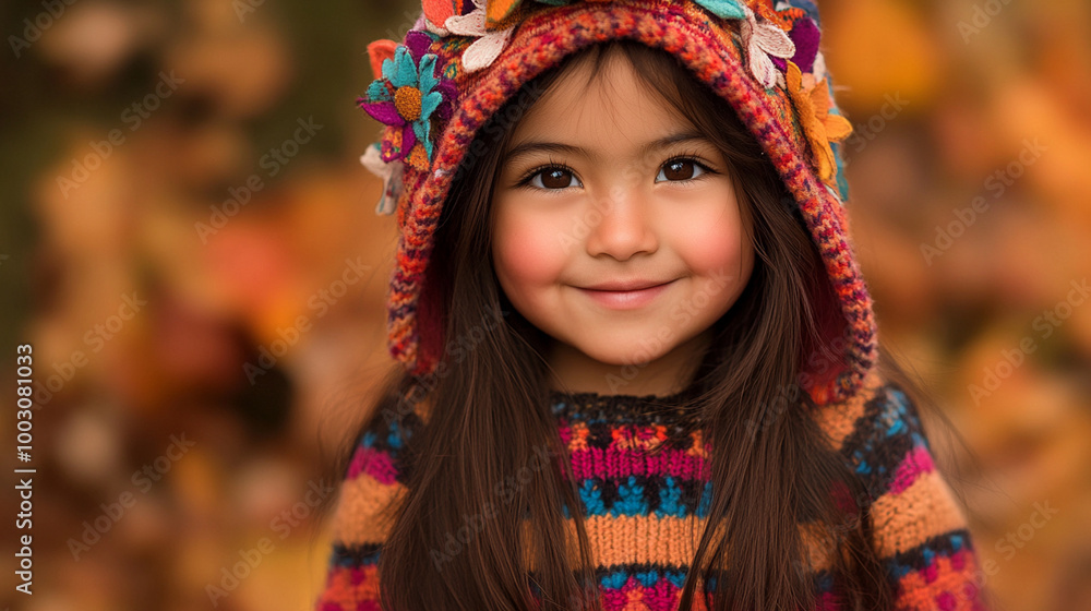 Autumn vives cute little girl wearing comfy sweater and knitted cap, smiling at the camera Autumn vives cute little girl wearing comfy sweater and knitted cap, smiling at the camera