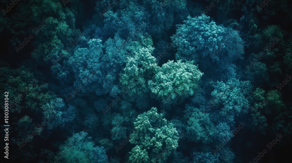 Fototapeta premium Aerial view of dense forest showcasing various shades of green foliage.