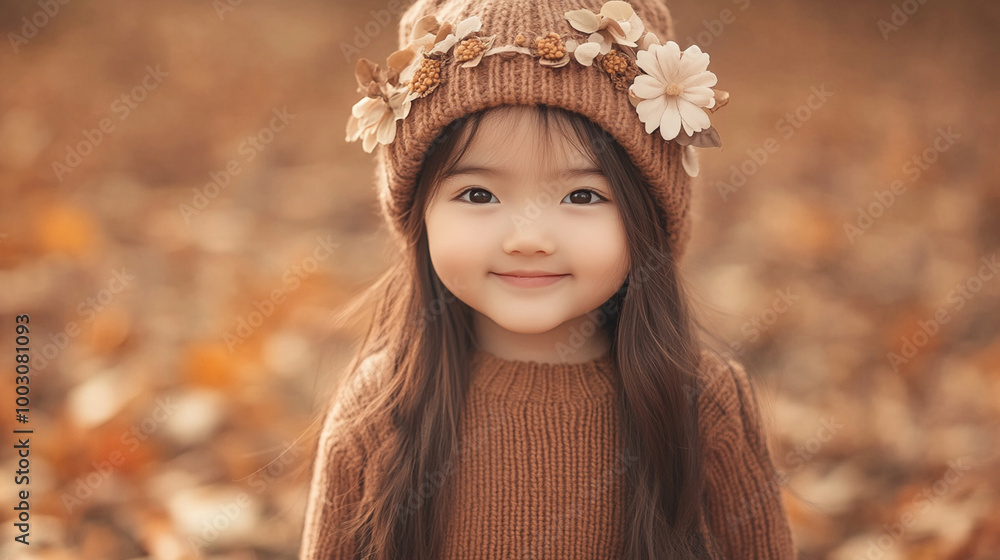Autumn vives cute little asian girl wearing comfy sweater and knitted cap, smiling at the camera Autumn vives cute little asian girl wearing comfy sweater and knitted cap, smiling at the camera