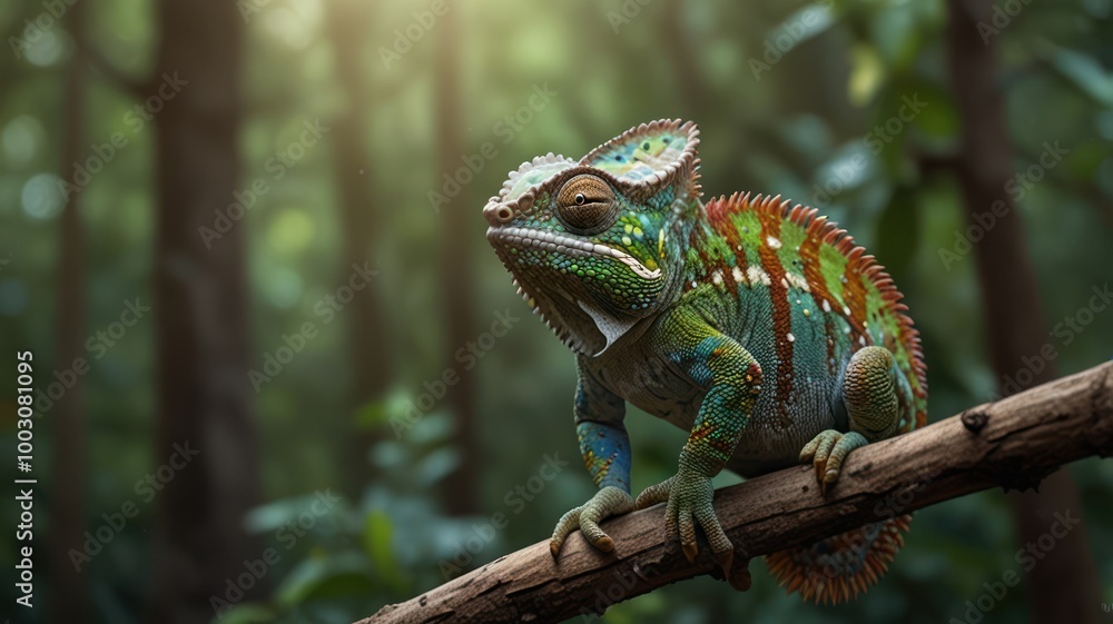 realistic illustration of a green chameleon on the branch of tree realistic illustration of a green chameleon on the branch of tree