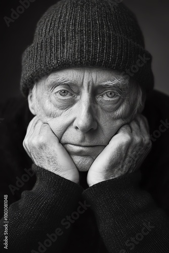 A contemplative senior man wearing a beanie, exuding wisdom and experience in a classic black-and-white portrait. photo