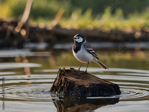 White Wagtail Bird Perched on Tree Stump in Pond Water photo