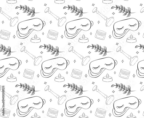 Vector seamless pattern in a hand-drawn style, fashion sketch. Outline drawn elements, color spots. Sleep mask, cream, candle, roller, eye patch, plant sprig. Relaxation, healthy sleep, skincare.
