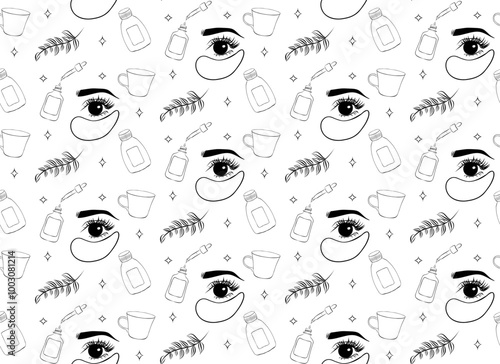Seamless vector pattern cosmetics for skin care and make-up in engraving style. Cream, patches, serum, shadows, mascara, lipstick, blush, brushes
