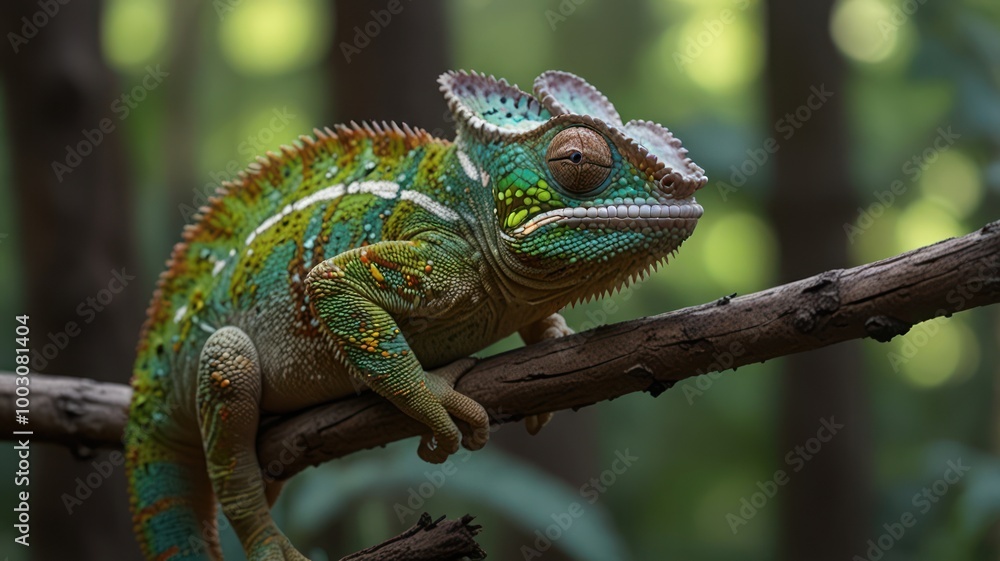 Obraz premium realistic illustration of a green chameleon on the branch of tree
