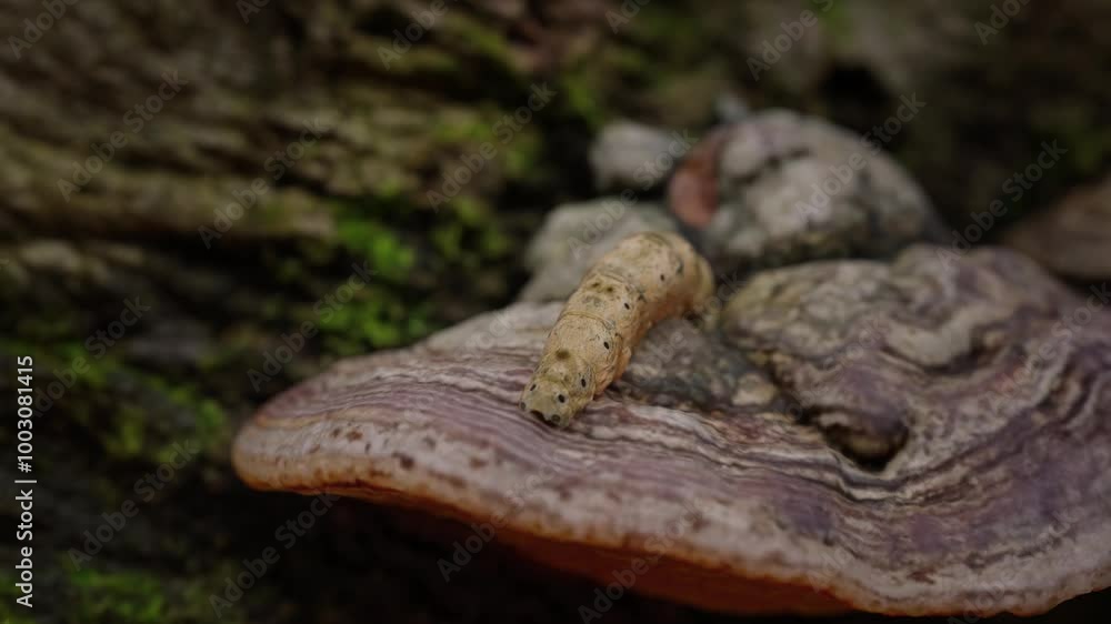 3d animation of a caterpillar moving on a vibrant, textured mushroom in a natural forest. 3d animation of a caterpillar moving on a vibrant, textured mushroom in a natural forest.