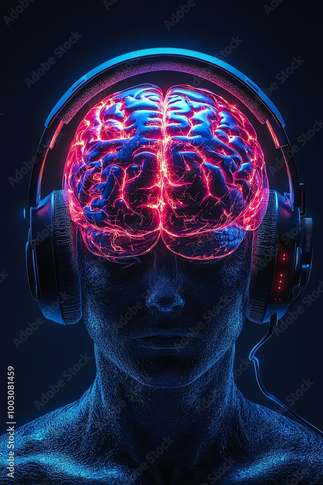 Futuristic human brain inside a headset, glowing with neural activity, symbolizing advanced technology or VR Futuristic human brain inside a headset, glowing with neural activity, symbolizing advanced technology or VR