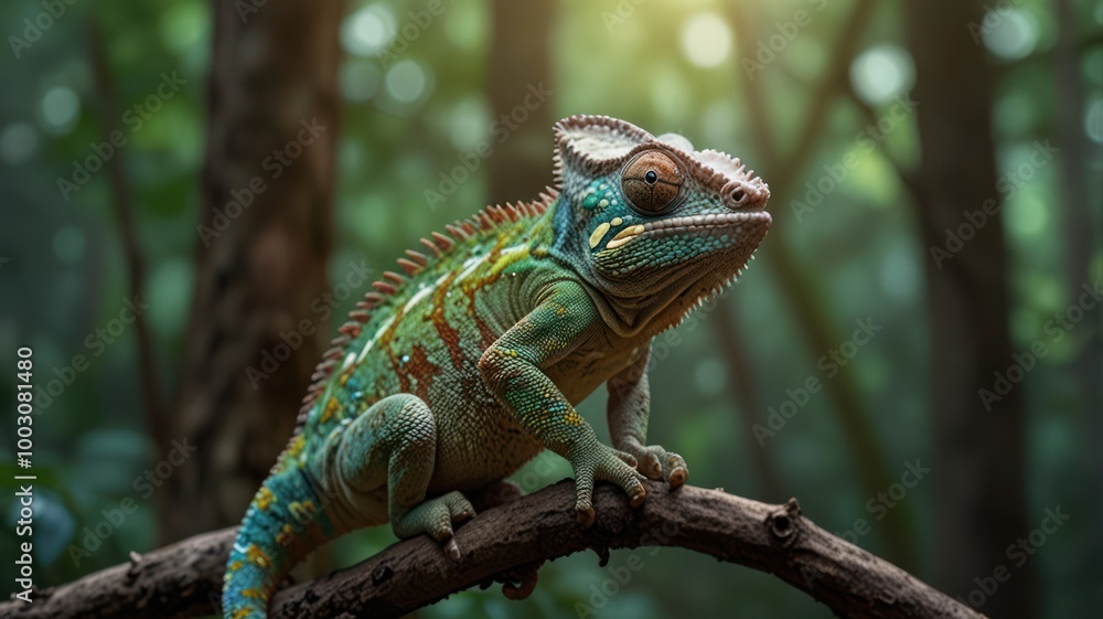 Fototapeta premium realistic illustration of a green chameleon on the branch of tree