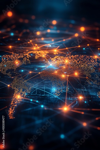 Global financial network concept, with glowing lines connecting cities around the world on a digital map