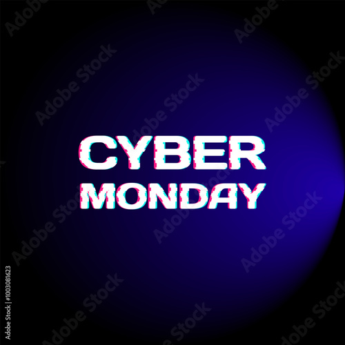 Cyber Monday banner. Hanging sale signboards on pink blue bright. Modern design with neon elements. Glitch effect on blue gradient background vector illustration EPS 10