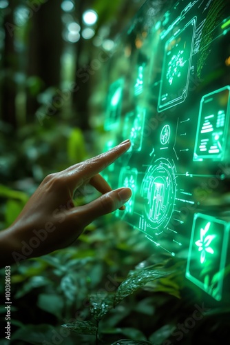 Hand interacting with holographic icons in a lush forest, representing ecofriendly technology