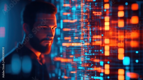 A man gazes at a digital interface filled with vibrant data patterns.