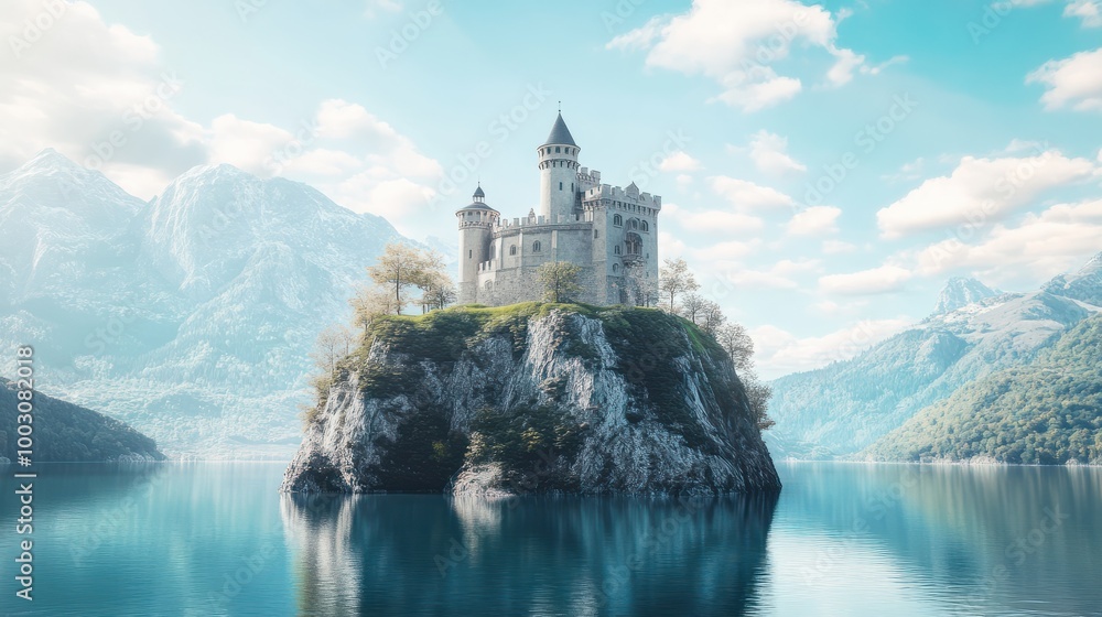 Naklejka premium Enchanting castle situated on a cliff overlooking a serene lake. Generative AI image