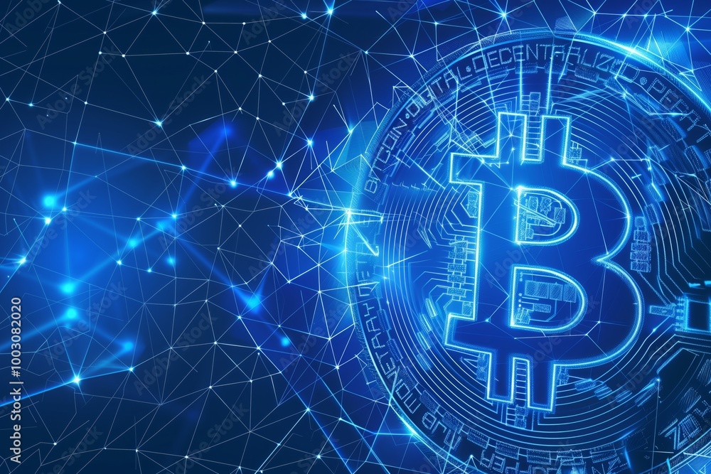 A blue background bitcoin in the center A blue background bitcoin in the center