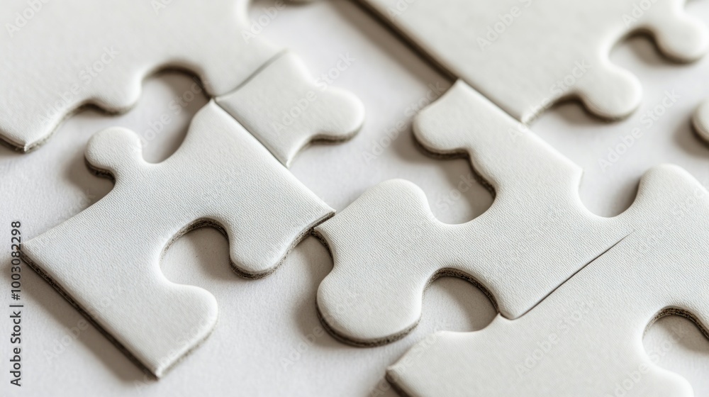 Close-up of interlocking white puzzle pieces on a surface. Close-up of interlocking white puzzle pieces on a surface.