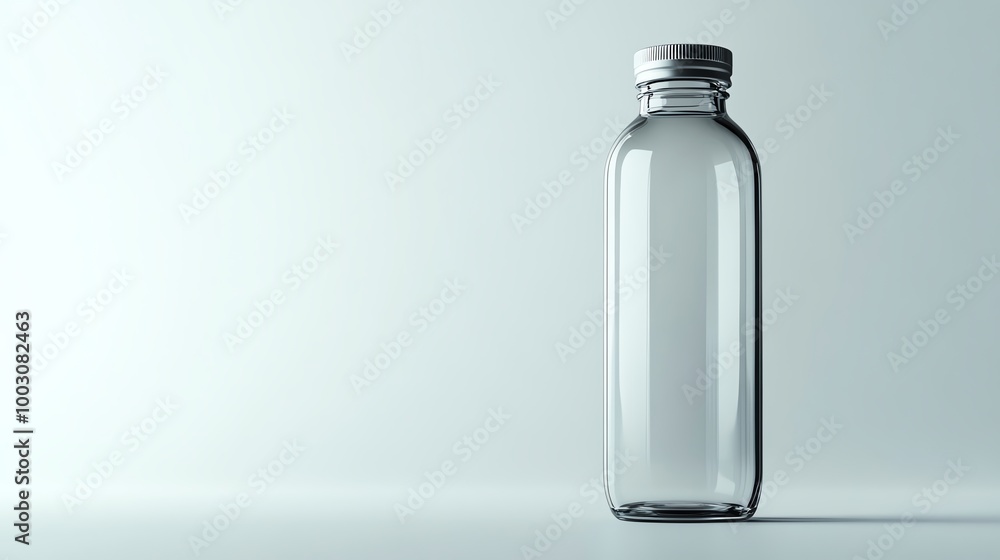 Sleek glass bottle with a metal cap, minimalistic design, isolated on a clean white background Sleek glass bottle with a metal cap, minimalistic design, isolated on a clean white background