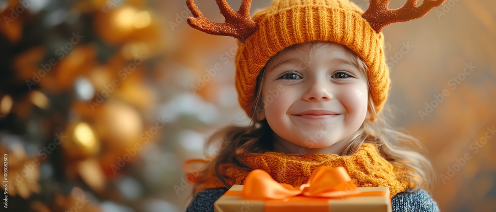 Joyful child in an orange hat holding a gift, surrounded by festive decorations, embodying warmth and holiday spirit. Joyful child in an orange hat holding a gift, surrounded by festive decorations, embodying warmth and holiday spirit.