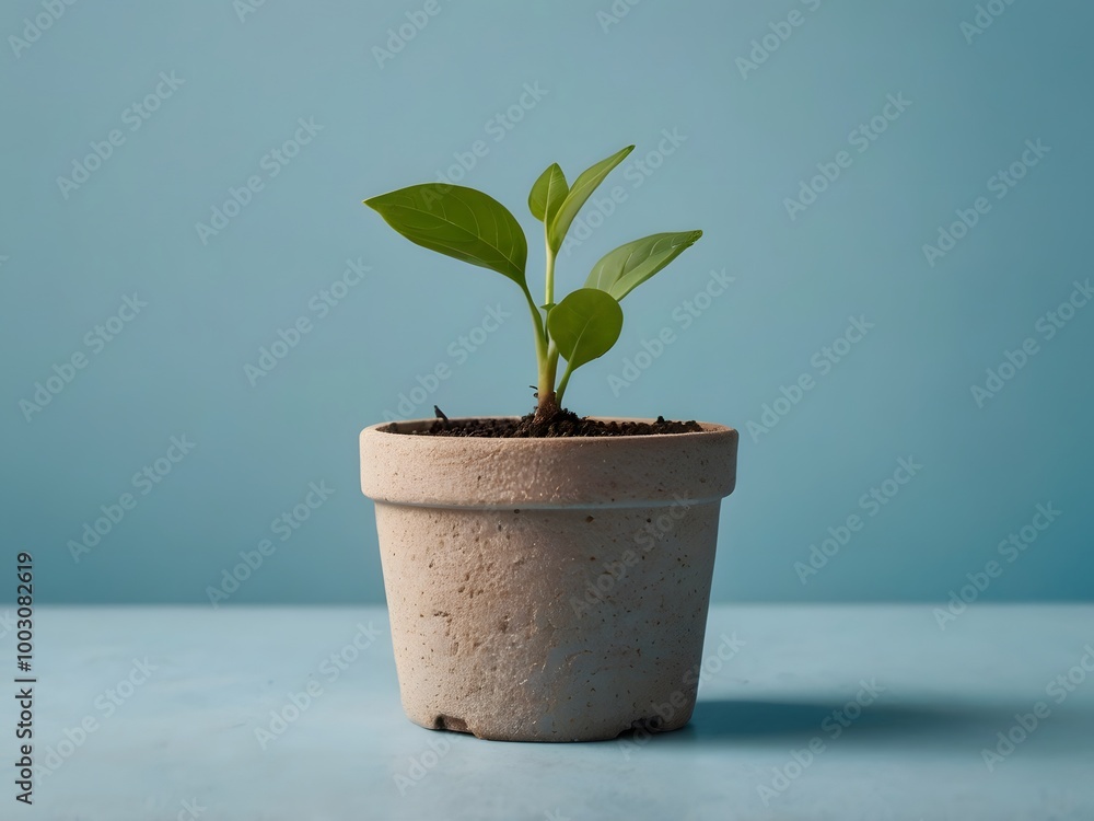Obraz premium Small Green Plant in Pot on Blue Background