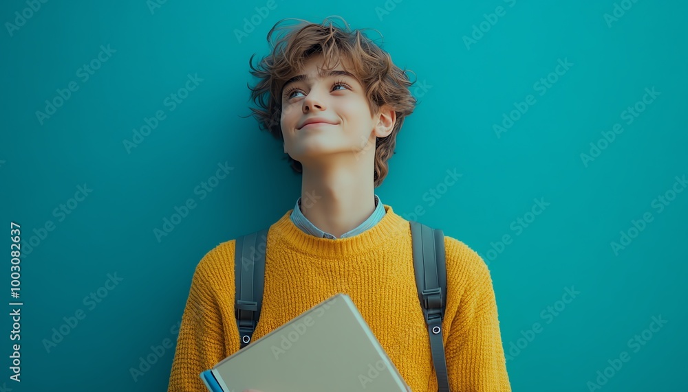 Obraz premium A cheerful young boy with curly hair smiles while holding a notebook, wearing a bright yellow sweater against a vibrant blue background.