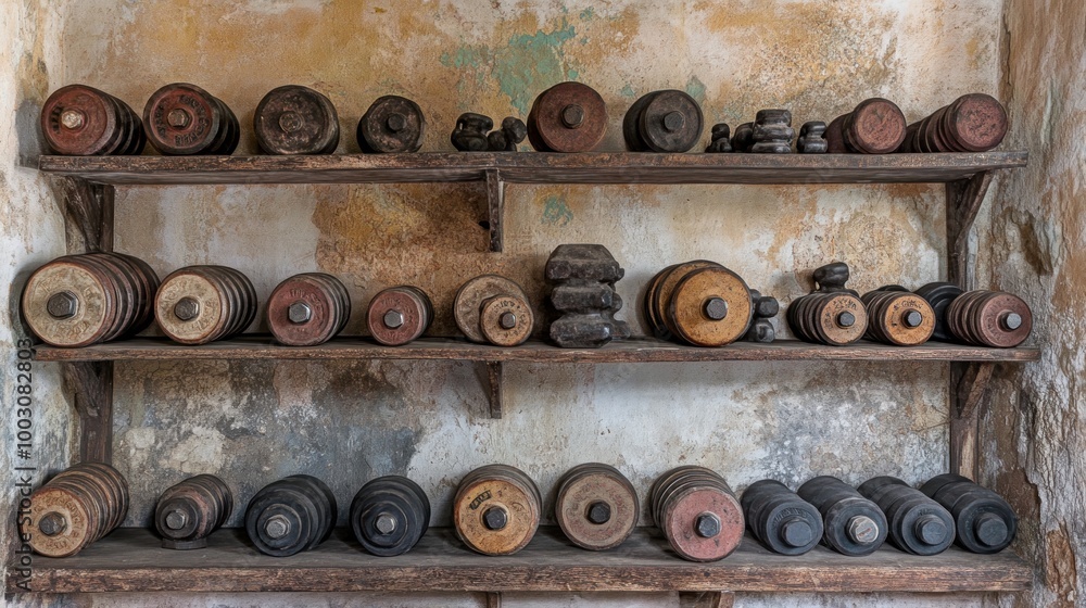A collection of various dumbbells arranged on wooden shelves against a textured wall. A collection of various dumbbells arranged on wooden shelves against a textured wall.