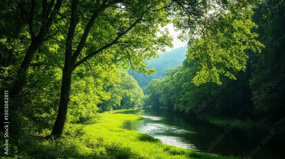 Lush green landscape with serene river view. Lush green landscape with serene river view.