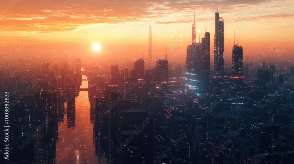 Fototapeta premium Futuristic Cityscape at Sunrise and Sunset with Digital Network, To convey a sense of the future and the role of technology in shaping our cities