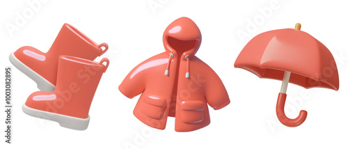 3d red rain boots, raincoat and umbrella icons. Autumn fashion and seasonal wear cute three dimensional vector design elements set. 