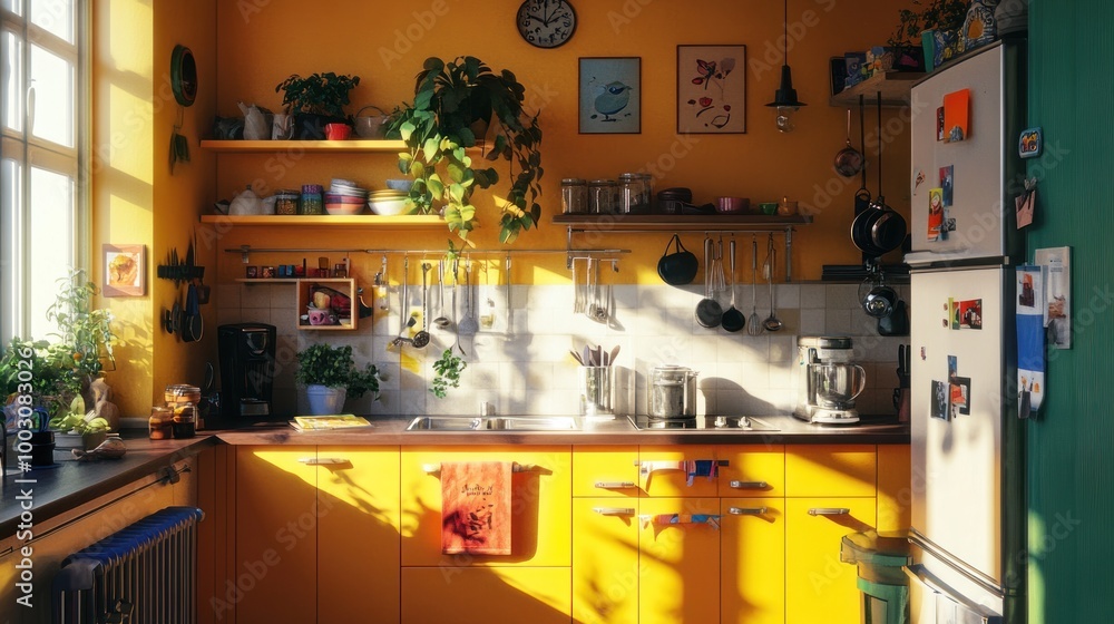A vibrant kitchen filled with plants, utensils, and sunlight, showcasing a cozy cooking space. A vibrant kitchen filled with plants, utensils, and sunlight, showcasing a cozy cooking space.