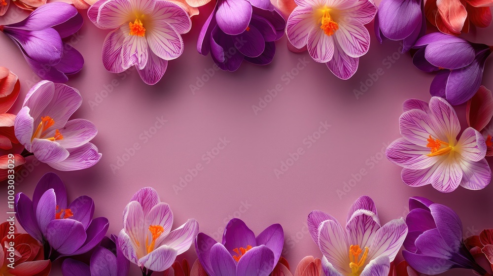 Crocus flowers on soft color background, romantic feminine composition, wedding invitation concept. Crocus flowers on soft color background, romantic feminine composition, wedding invitation concept.
