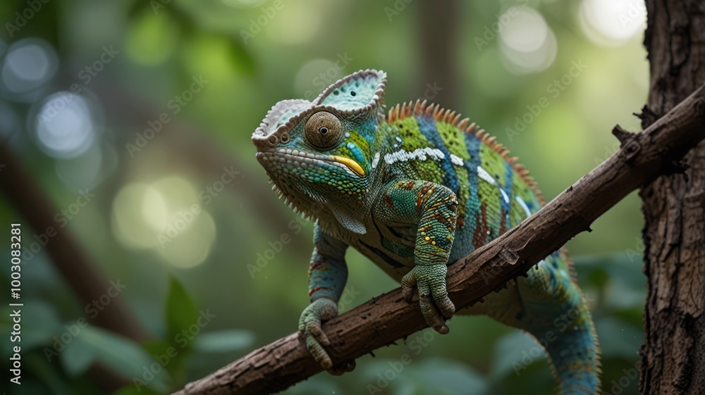 Obraz premium realistic illustration of a green chameleon on the branch of tree